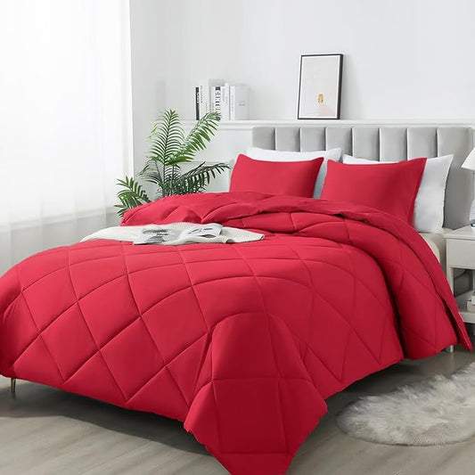 3-Piece King Comforter Set,All-Season,Soft & Hypoallergenic &Breathable Bedding,Polyester Quilted,Down Alternative(Comforter*1 & Pillowcases*2),Bright Red