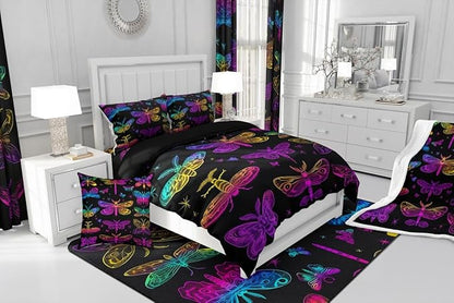 Butterfly Bedding Set, Trippy Ombre Dragonfly Comforter Set for Kids Girls Teens, Gradient Rainbow Butterflies Bedding Comforter Sets, Psychedelic Colorful Moth Quilt Halloween Bedroom Decor, Queen