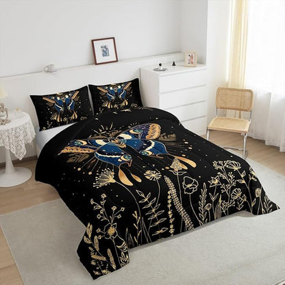 Erosebridal Butterfly Bedding Set Full, Halloween Boho Moth Comforter Set for Adult Women Men 3Pcs,Black Starry Sky Down Comforter Boho Exotic Moon Star Comforter Flower Weed Botanical Duvet Insert