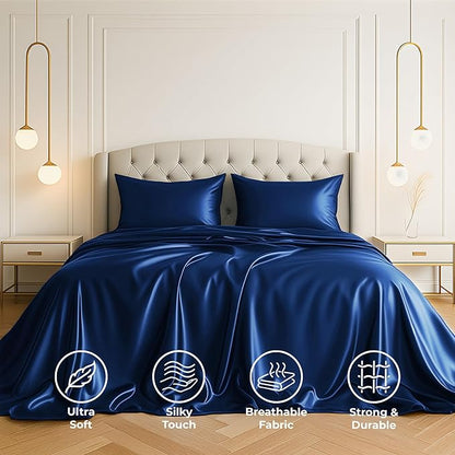 Pure Bedding Satin Sheets Full [4-Piece, Navy] Hotel Luxury Silky Bed Sheets - Extra Soft 1800 Microfiber Sheet Set, Wrinkle, Fade, Deep Pocket Fitted Sheet, Flat Sheet, Pillow Cases