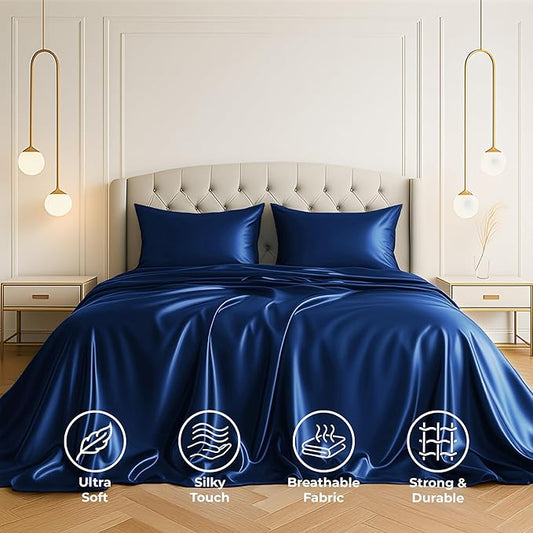 Pure Bedding Satin Sheets Full [4-Piece, Navy] Hotel Luxury Silky Bed Sheets - Extra Soft 1800 Microfiber Sheet Set, Wrinkle, Fade, Deep Pocket Fitted Sheet, Flat Sheet, Pillow Cases