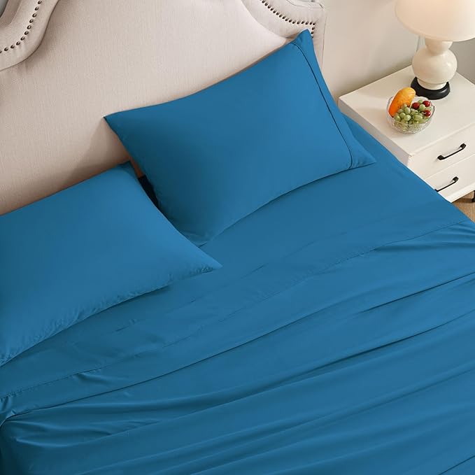 Queen Sheet Set, 4 Pieces Hotel Luxury Soft Microfiber Queen Bed Sheets Set, Up to 16" Deep Pockets, Oeko-Tex Sheets with Elastic, Breathable, Wrinkle Free (Peacock Blue,Queen)