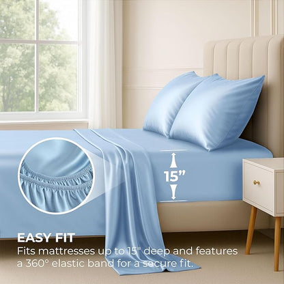 Pure Bedding Satin Sheets California King [4-Piece, Baby Blue] Hotel Luxury Silky Bed Sheets - Extra Soft Microfiber Sheet Set, Wrinkle Resistant - Deep Pocket Fitted Sheet, Flat Sheet, Pillow Cases
