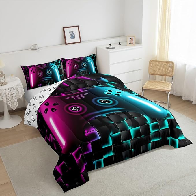 Erosebridal Gamer Bedding Sets for Boys,Queen Size Comforter Sets for Boys Girls Kids 3D Gaming Geometric Comforter,Game Console Lightweight Microfiber Duvet Quilt,Neon Purple Teal Black Glowing