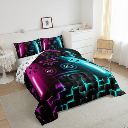 Erosebridal Gamer Bedding Sets for Boys,Queen Size Comforter Sets for Boys Girls Kids 3D Gaming Geometric Comforter,Game Console Lightweight Microfiber Duvet Quilt,Neon Purple Teal Black Glowing