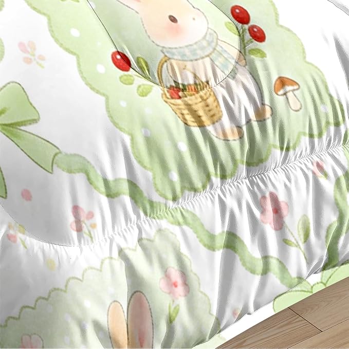 Green Gingham Patchwork Rabbit Comforter Set Full Size, Cute Cherry Bedding Set for Girls Bedroom Decor, 3Pcs Bunny Animal Print Comforter (79" x 90") with 2 Pillowcases