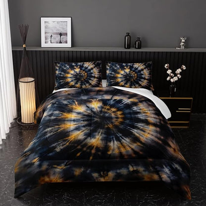 Dark Tie Dye Comforter Sets King Size,Yellow Fission Graffiti Bedding Set for Your Room,Abstract Soft Lightweight Quilted Set All Season 1 Comforter and 2 Pillowcases