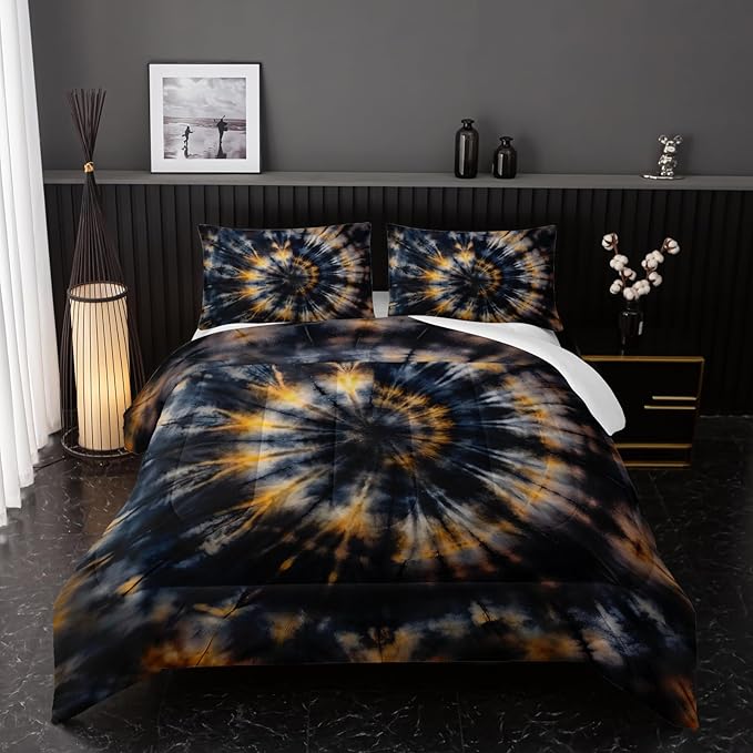 Dark Tie Dye Comforter Sets Queen Size,Yellow Fission Graffiti Bedding Set for Your Room,Abstract Soft Lightweight Quilted Set All Season 1 Comforter and 2 Pillowcases