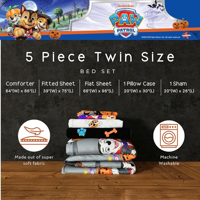 Paw Patrol Kids Halloween Bedding 5 Piece Super Soft Cozy Reversible Comforter and Sheet Set with Sham, Twin, (Officially Licensed Product) by Franco