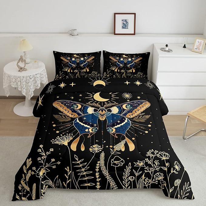 Erosebridal Butterfly Bedding Set Full, Halloween Boho Moth Comforter Set for Adult Women Men 3Pcs,Black Starry Sky Down Comforter Boho Exotic Moon Star Comforter Flower Weed Botanical Duvet Insert