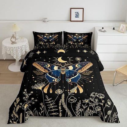 Erosebridal Butterfly Bedding Set King, Bohemian Moth Comforter Set for Adult Women Men 3Pcs,Black Starry Sky Bedding Comforter Sets Halloween Exotic Moon Star Bedding Flower Weed Botanical Duvet Set