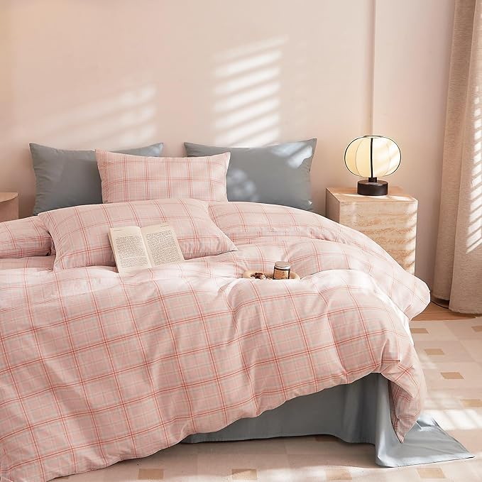 EAVD Pink Gingham Comforter Set Twin XL Soft Fluffy Pink Plaid Comforter Set 3 Pieces Modern Grid Checkered Pattern Bedding Set for All-Season Farmhouse Gingham Bedding Set for Boy Women Men
