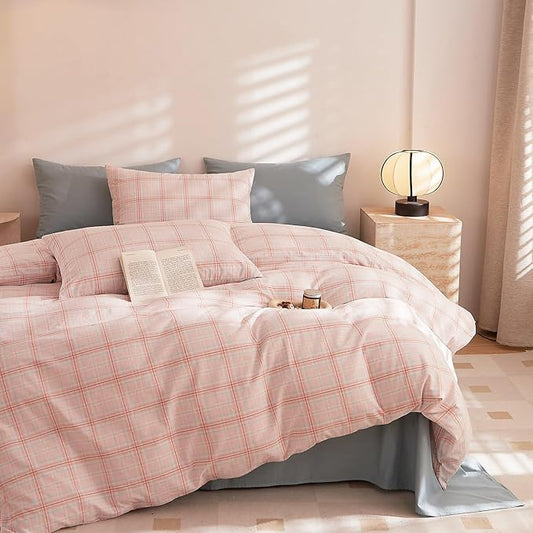 EAVD Pink Grey Grid Plaid Duvet Cover Queen Washed Cotton Bedding Set 3 Pieces Modern Farmhouse Gingham Duvet Cover with 2 Pillowcases Reversible Grid Checkered Bedding Set with Zipper Closure