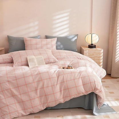 EAVD Pink Grey Grid Plaid Duvet Cover Full Washed Cotton Bedding Set 3 Pieces Modern Farmhouse Gingham Duvet Cover with 2 Pillowcases Reversible Grid Checkered Bedding Set with Zipper Closure