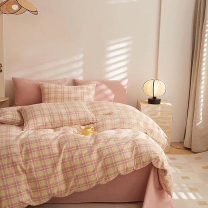 EAVD Pink Yellow Grid Plaid Duvet Cover King Soft Washed Cotton Gingham Duvet Cover Set 3 Pieces Modern Grid Checkered Pattern Bedding Set with 2 Pillowcases Zipper Closure for All-Season