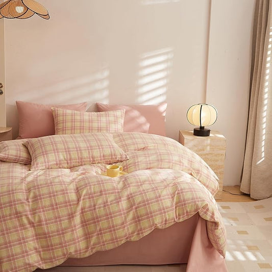 EAVD Vintage Style Pink&Yellow Grid Plaid Duvet Cover Queen Soft Washed Cotton Gingham Duvet Cover Set 3 Pieces Modern Grid Checkered Bedding Set with 2 Pillowcases Zipper Closure for All-Season