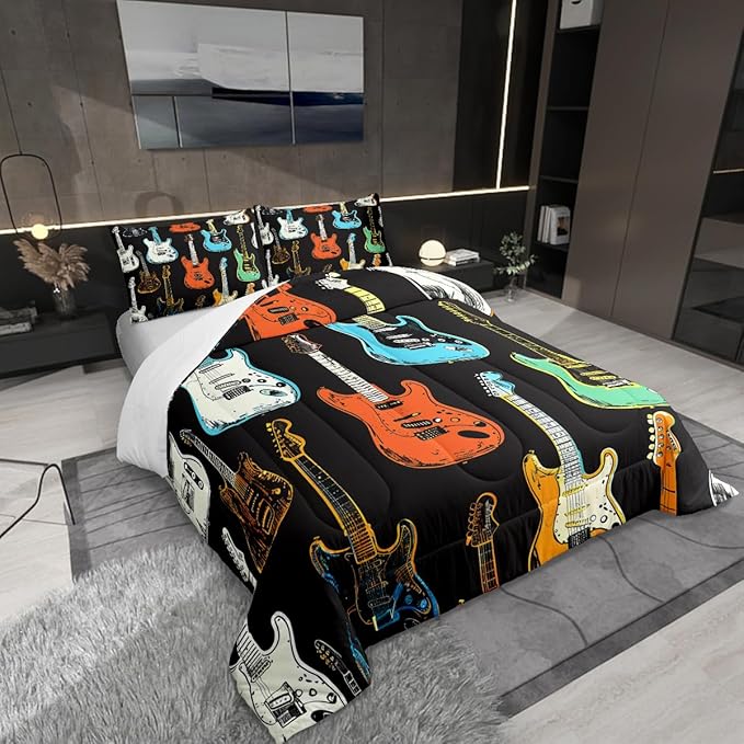 Castle Fairy Colorful Guitar Bedding Set King Size Musical Instruments Comforter for Child Toddler Teens Rock Bass Music Lover Down Comforter Sketch Style Guitar Duvet Insert with 2 Pillowcases