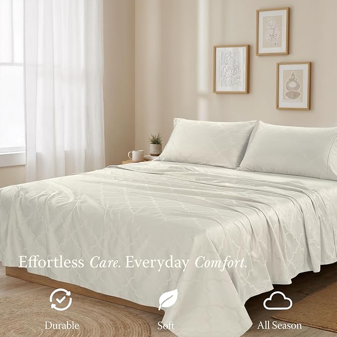 Threadmill 100% Cotton Sheets for King Size Bed | 4 Pc King Bed Sheets Set | Soft, Breathable Lightweight Damask Sateen for All-Season Use | Snug Fit Elastic Deep Pocket King Sheets | Ivory