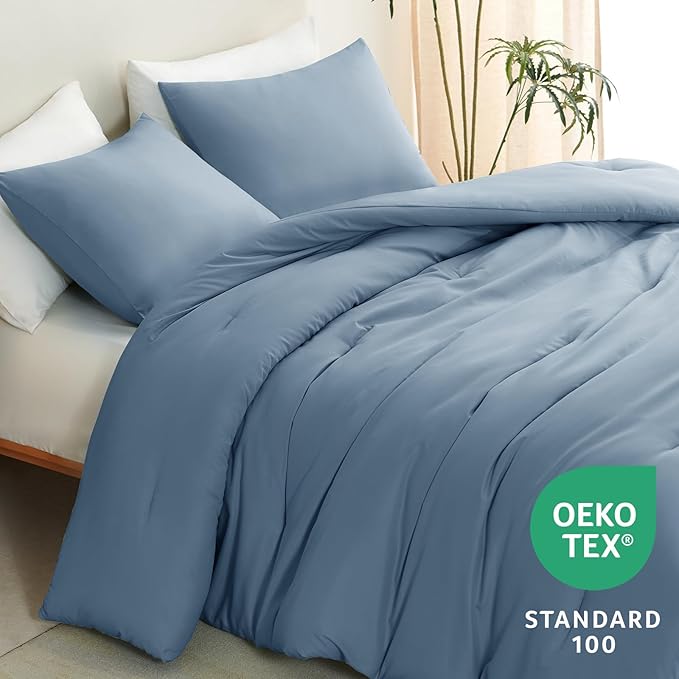 CozyLux Oversized Queen Comforter Set Grayish Blue, 3 Pieces 98x98 Solid Breathable Bedding Set All Season, Dusty Blue Luxury Soft Lightweight Bed Set with Down Alternative Comforter and 2 Pillowcases