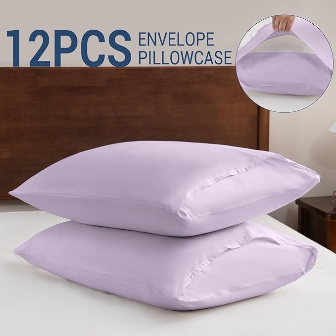 Pillowcases Queen 12 Pack, 20x30 Pillow Cases with Envelope Closure, Soft Plain Brushed Microfiber Covers Breathable Wrinkle-Resistant, Lavender