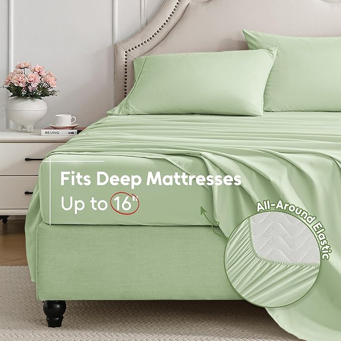 Twin Sheets Set, 3 Pieces Hotel Luxury Soft Microfiber Bed Sheets Set, Up to 16" Deep Pockets, Oeko-Tex Sheets with Elastic, Breathable, Wrinkle Free (Sage, Twin)