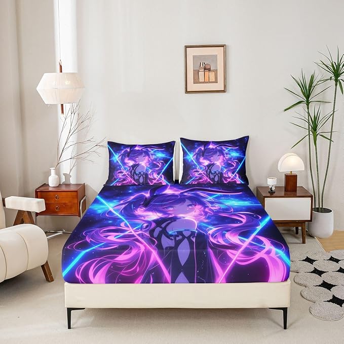 Erosebridal 3D Anime Queen Bed Sheets Japanese Girl Fitted Sheet,Girly Galaxy Stars Kids Bedding Sets Purple Neon Sheets with 2 Pillowcases