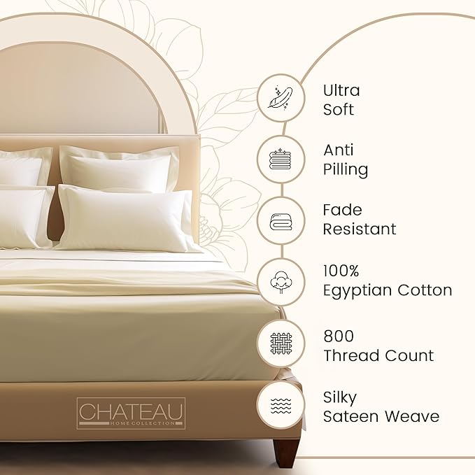 Full Sheet Set - 800TC Egyptian Cotton Bedding Sheets & Pillowcases - Soft, Durable and Luxurious 4PC Sateen Weave Ivory Bed Sheets for Full Size Bed, No Pill & Shrink Thick Machine Washable