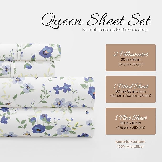 Linen Market 4 Piece Queen Sheet Set - Breathable, Double-Brushed Patterned Cooling Sheets – Ultra Soft & Wrinkle-Free 16" Deep-Pocket Queen Sheets - Easy Care Blossoms Light Blue