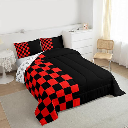 Geometric Lattice Kids Bedding Set King Size,Video Games Check Lattice Comforter Set，Grid Fashion Simple Quilt Comforter,Black Red Bedroom Duvet Insert,2 Pillowcases