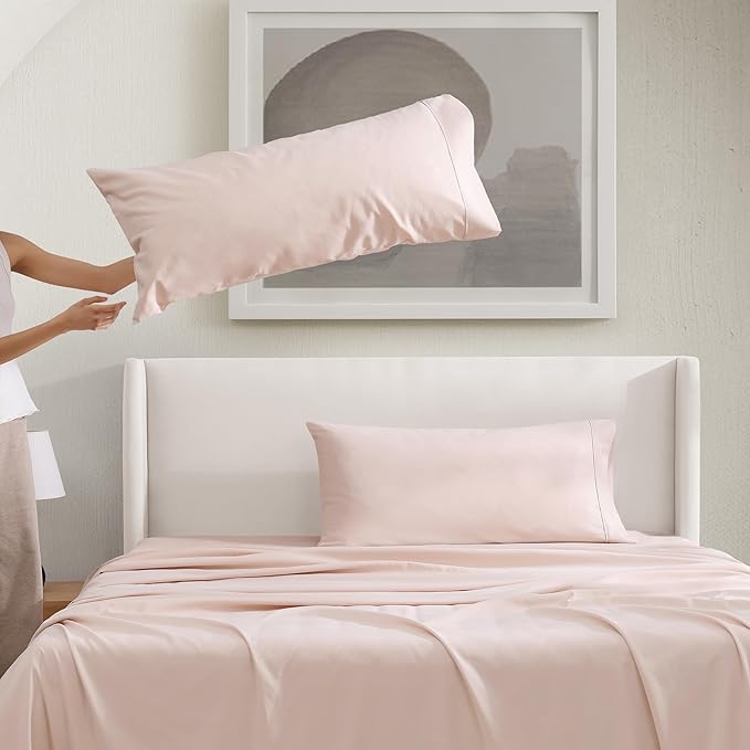 UGG Hedi King Sheet Set 4-Piece Luxury Cooling Sheets Deep Pockets Premium Bedding with 2 Pillow Shams Hypoallergenic Machine Washable Soft Lightweight Bed Set for Bedroom, King, Shell Light Pink