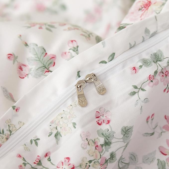 VM VOUGEMARKET Girl's Pink Flower Duvet Cover Set Twin,Pure Cotton Bedding Set Vintage Floral Prints on White Duvet Cover Conquette Cottagecore for Teen Girls
