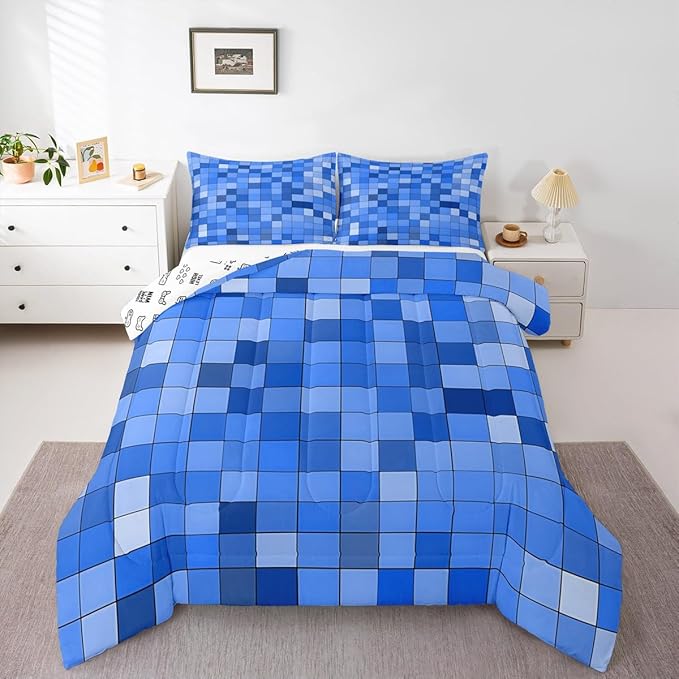 Pixel Grid Miners Comforter Set King Size,Video Games Plaid Lattice Kids Bedding Set,Geometric Check Quilt Comforter,Light Blue Duvet Insert,2 Pillowcases