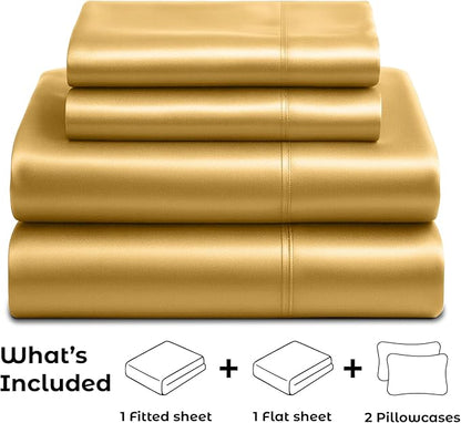 Satin Sheets California King [4-Piece, Gold] Luxury Silky Bed Sheets - Extra Soft 1800 Microfiber Sheet Set, Wrinkle, Fade, Stain Resistant - Deep Pocket Fitted Sheet, Flat Sheet, Pillow Cases