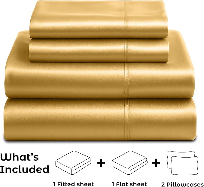 Satin Sheets Queen [4-Piece, Gold] Hotel Luxury Silky Bed Sheets - Extra Soft 1800 Microfiber Sheet Set, Wrinkle, Fade, Stain Resistant - Deep Pocket Fitted Sheet, Flat Sheet, Pillow Cases