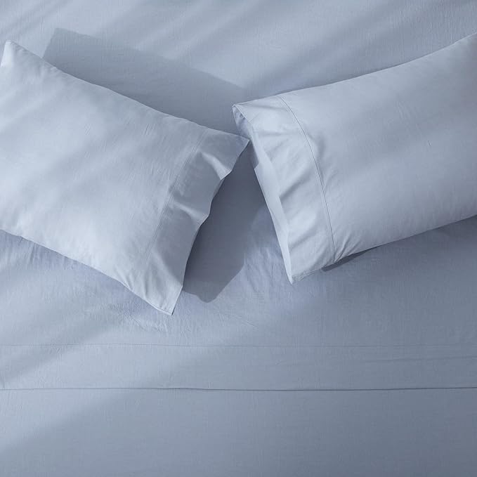 JIYUAN Queen Size Sheet Set, 4-Piece - 100% Washed Cotton, Linen-Like Soft & Breathable, Includes Deep Pocket Fitted & Flat Sheet with 2 Pillowcases, Hotel Quality, Heathered Light Blue