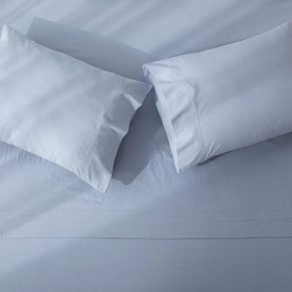 JIYUAN Full Size Sheet Set, 4-Piece - 100% Washed Cotton, Linen-Like Soft & Breathable, Includes Deep Pocket Fitted & Flat Sheet with 2 Pillowcases, Hotel Quality, Heathered Light Blue