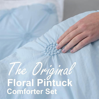 Swift Home King Baby Blue Comforter Set - Ruched 3D Floral Pintuck Bedding Set - 3 Pieces Bed Linen, 1 Comforter and 2 Pillow Shams