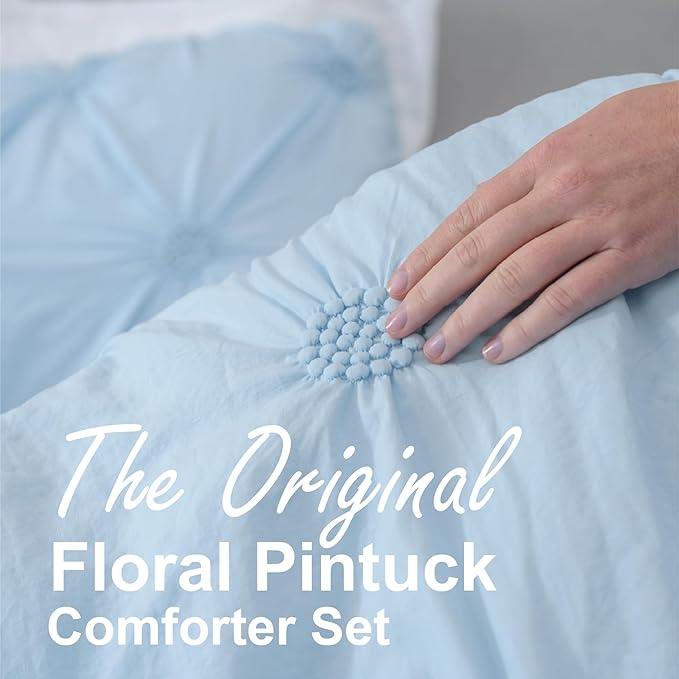 Swift Home Twin/Twin XL Baby Blue Comforter Set - Ruched 3D Floral Pintuck Bedding Set - 2 Pieces Bed Linen, 1 Comforter and 1 Pillow Sham