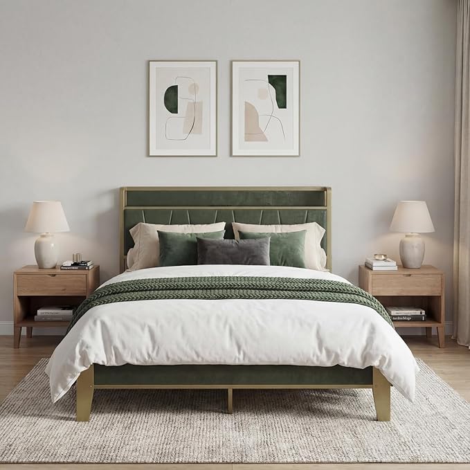 LIKIMIO Full Bed Frame, Storage Headboard with Charging Station, Solid and Stable, Noise Free, No Box Spring Needed, Easy Assembly (Dark Green)