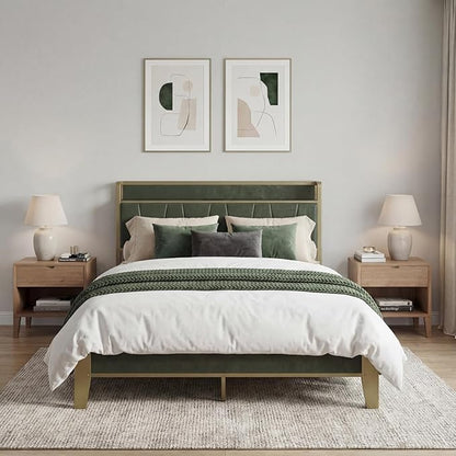 LIKIMIO Full Bed Frame, Storage Headboard with Charging Station, Solid and Stable, Noise Free, No Box Spring Needed, Easy Assembly (Dark Green)