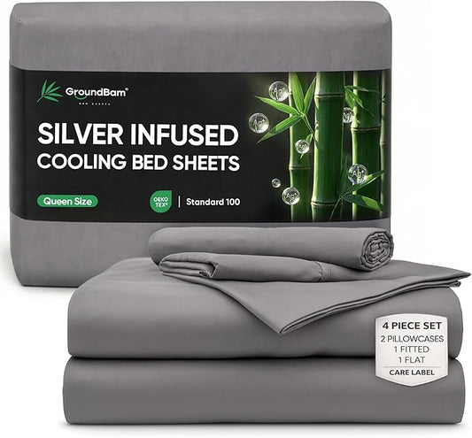 Silver Infused Bed Sheets Set, Temperature-Regulating Fabric with Self-Cleaning Technology for 3X Freshness Sleep (Grey, Queen)