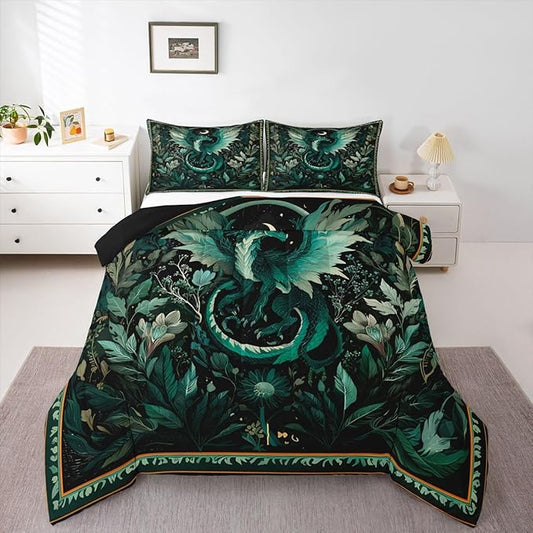 Feelyou Dragon Comforter Set All Season Dragon Stuff Bedding Set with 2 Pillow Cases Wild Life Kids King Bedclothes Magic Wildlife Bedroom Decor Greenish Duvet Quilt Breathable Soft