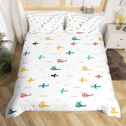 Kids Aircraft Bedding Set Watercolor Transportation Vehicles Duvet Cover Set Boys Airplanes Comforter Cover Colorful Helicopter Bedspread Cover Bedroom Quilt Cover Twin with 1 Pillowcase,No Comforter