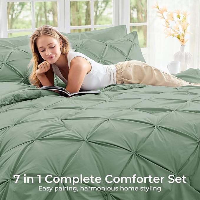 Sasttie King Size Comforter Set, 7-Piece Bed in a Bag, Pintuck Bedding Set for All Season, Includes Comforter, Flat Sheet, Fitted Sheet, Pillowcases and Pillowshams, Sage Green