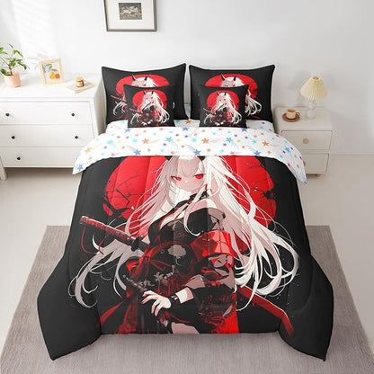 Erosebridal Twin Japanese Anime 7 Piece Comforter Set for Kids, Anime Girl Bed in A Bag Kawaii Japanese Style Bedding Set Cartoon Japan Animation Bed Set for Boys Teen Adult Women Bedroom