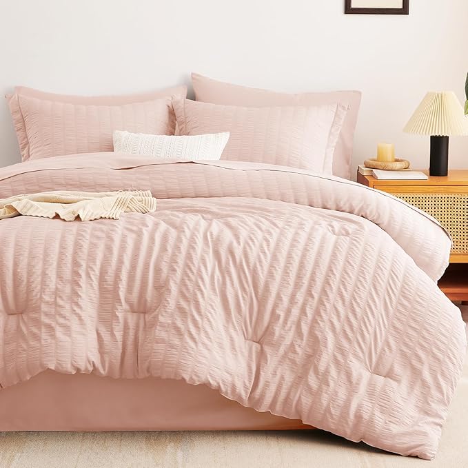 CozyLux King Size Comforter Set Blush Pink Seersucker 7 Pieces Bed in a Bag King Comforter Set with Sheets, Luxury Soft Bedding Sets with Down Alternative Comforter, Sheets, Pillowcases & Shams