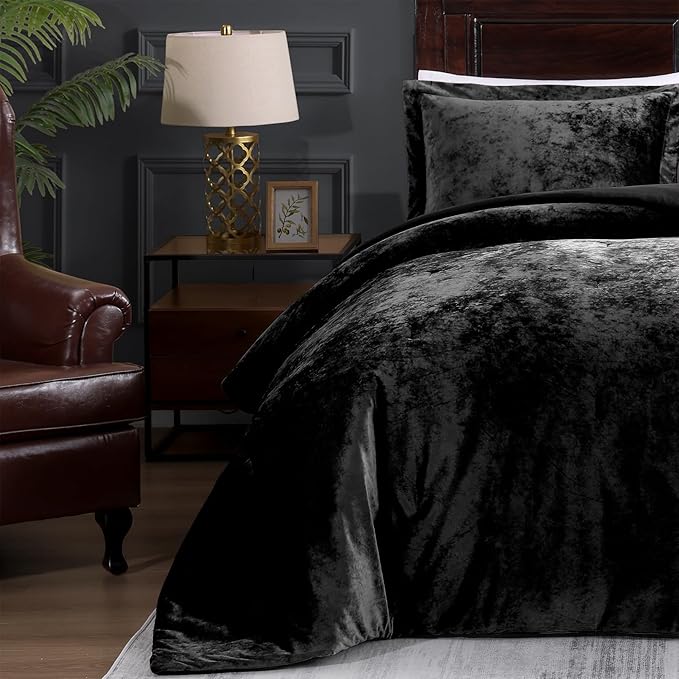 TAMGHO Crushed Velvet Comforter King, Black King Size Bedding for All Seasons, Luxury Soft 3pc Bed Set, 1 King Comforter (108"x96") and 2 King Pillow Shams (20"x36")