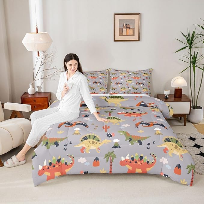 Feelyou Cartoon Dinosaur Comforter Set All Season Cute Bedding Set with 2 Pillow Cases Jungle Dino Kids Full Bedclothes Wild Animal Bedroom Decor Gray Duvet Quilt Breathable Soft