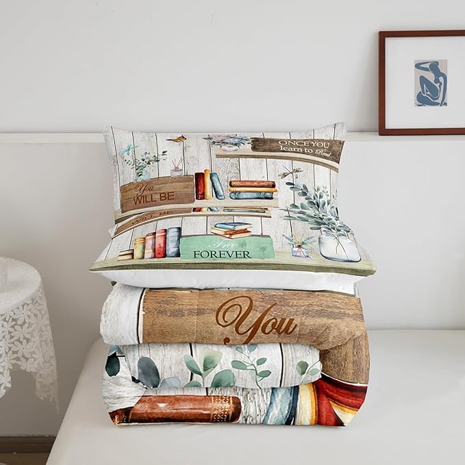 Watercolor Books Comforter Set King,Reading Time Girls Women Bedding Set for Boys Girls Teens Bedroom Decor,Rustic Farmhouse Style Floral Leaves Quilt Set Super Soft Duvet Set,Gift for Her Him