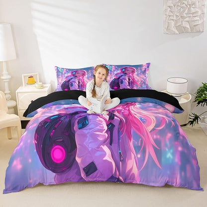 Erosebridal Anime Girl Full Comforter Set Japanese Style 3D Anime Down Comforter for Kids Girls Boys Room Decor,Sci Fi Style Gaming Bedding Set Hot Pink Colorful Bed Duvet Insert